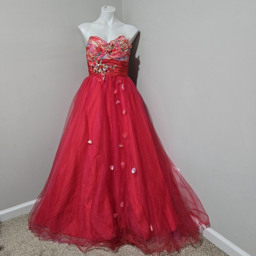 Sz 6 Pink Alexia Designs 5135 Strapless Ballgown in Red/Pink/Floral W Crystals